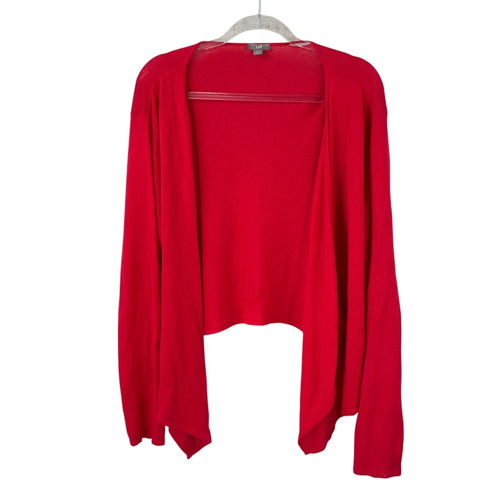J. Jill Red Linen Blend Open Front Draped Cardigan Sweater Sz L Breathable Knit*